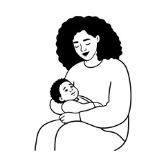 Black and White Vector Illustration of a Beautiful Mother Caring for Child in Minimalist Line Art Style