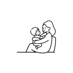 Black and White Vector Illustration of a Beautiful Mother Caring for Child in Minimalist Line Art Style