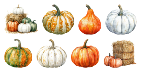 PNG Autumn pumpkins and hay bales, element set on transparent background