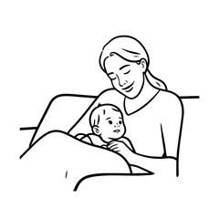 Black and White Vector Illustration of a Beautiful Mother Caring for Child in Minimalist Line Art Style