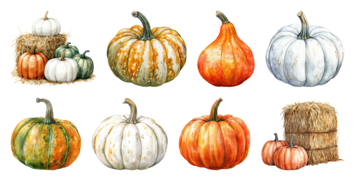 PNG Autumn pumpkins and hay bales, element set on transparent background