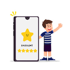 A boy standing with a big smile beside a giant smartphone showing five stars