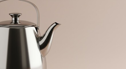 Close-up of a shiny, modern stainless steel kettle with a curved spout and handle against a soft, neutral background.