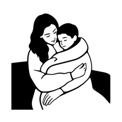 Black and White Vector Illustration of a Beautiful Mother Caring for Child in Minimalist Line Art Style