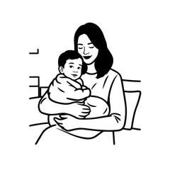 Black and White Vector Illustration of a Beautiful Mother Caring for Child in Minimalist Line Art Style