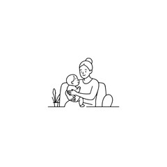 Black and White Vector Illustration of a Beautiful Mother Caring for Child in Minimalist Line Art Style