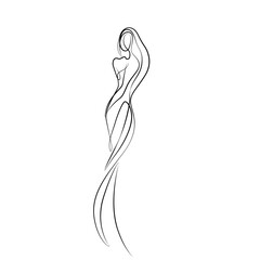 Continuous line art of a graceful woman figure with long hair. Minimalistic fashion illustration emphasizing femininity, beauty, and elegance. Perfect for design, decor, and creative projects.