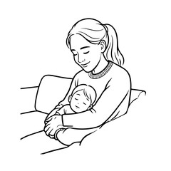 Black and White Vector Illustration of a Beautiful Mother Caring for Child in Minimalist Line Art Style