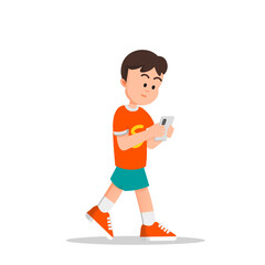 A little boy walking while looking at his smartphone