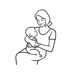 Black and White Vector Illustration of a Beautiful Mother Caring for Child in Minimalist Line Art Style