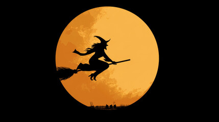 Silhouette of witch flying on broomstick against large orange moon creates mystical and enchanting atmosphere. scene evokes feelings of magic and adventure, perfect for Halloween