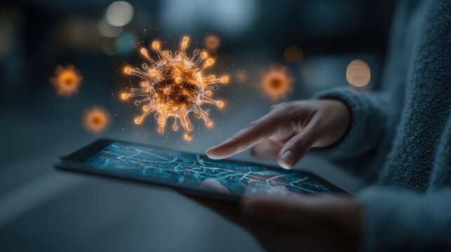 A person interacts with a tablet displaying a digital interface, while glowing virus-like particles hover above, symbolizing technology and viral data or health monitoring. - Powered by Adobe