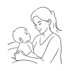 Black and White Vector Illustration of a Beautiful Mother Caring for Child in Minimalist Line Art Style