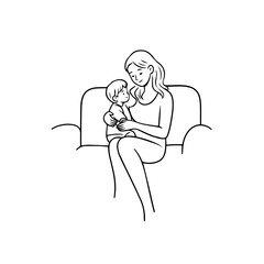 Black and White Vector Illustration of a Beautiful Mother Caring for Child in Minimalist Line Art Style