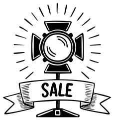 Spotlight with Sale Banner and Radiating Light Beams Illustration