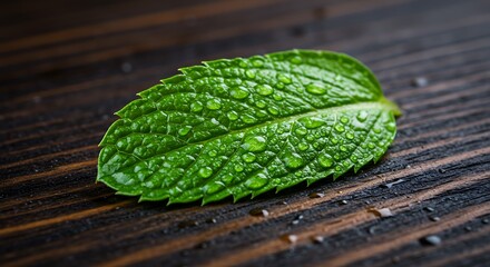 Close-up of a vibrant green mint leaf covered in glistening water droplets on a dark wooden surface.