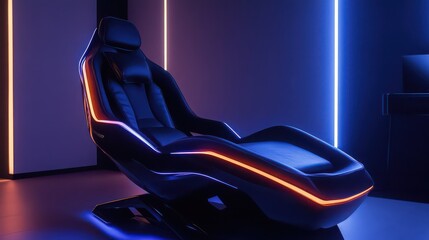 A futuristic black chair with neon lights in a room with neon lights and a dark background
