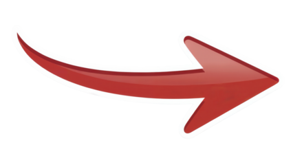Glossy red curved arrow pointing to the right with a white outline isolated on transparent background