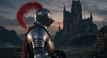 Armored knight in profile faces a distant looming castle under a twilight sky