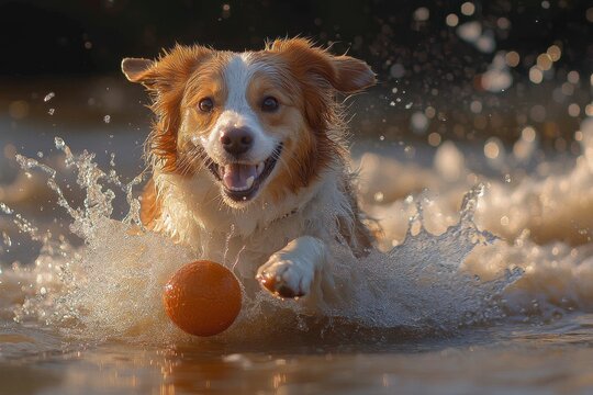 Dog fetching ball in water
