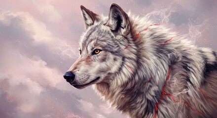 Detailed wolf illustration Gray and white fur Amber eyes red markings Cloudy backdrop