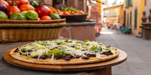 Fototapeta premium Large Oaxacan tlayuda flatbread topped with beans, cheese, lettuce, and beef, placed on a big round wooden plate, background with Oaxaca traditional market