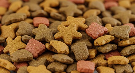 Close-up of assorted star-shaped and kibble-shaped pet food pieces in various brown and pink hues.