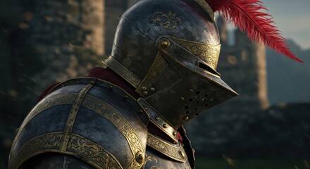 Knight in detailed plate armor complete with red plume stands before a blurred castle backdrop