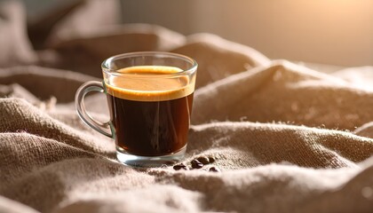a glass of black coffee with a rustic background