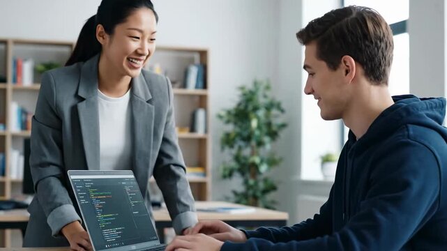 Teacher mentoring student coding platform cinematic edtech lifestyle stock footage. educator guiding pupil programming hub artistic digital learning existence visual.