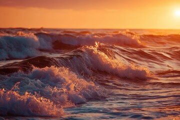 Golden Ocean Waves Crashing at Sunset with Vibrant Orange Sky