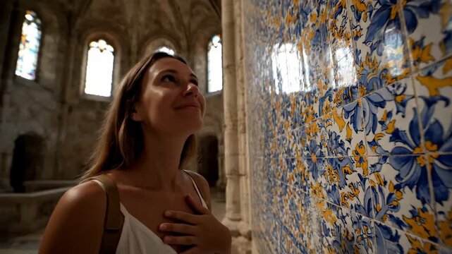 Tourist admiring colorful tiles inside Lisbon s old cathedral cinematic handheld cultural tourism lifestyle stock video. sightseer marveling vibrant azulejo artwork ancient lisbon