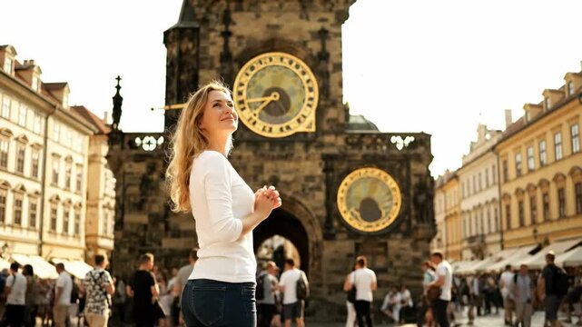 Tourist admiring Prague Astronomical Clock town square cinematic handheld iconic cultural tourism stock video. sightseer marveling ancient timepiece plaza artistic portable famous