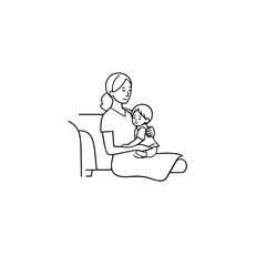 Black and White Vector Illustration of a Beautiful Mother Caring for Child in Minimalist Line Art Style