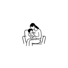 Black and White Vector Illustration of a Beautiful Mother Caring for Child in Minimalist Line Art Style