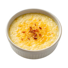 Creamy Custard Dessert with Saffron Threads in a White Ramekin Keywords: custard, dessert, cream