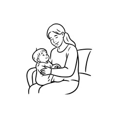 Black and White Vector Illustration of a Beautiful Mother Caring for Child in Minimalist Line Art Style