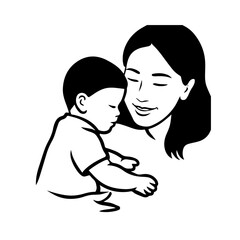 Black and White Vector Illustration of a Beautiful Mother Caring for Child in Minimalist Line Art Style