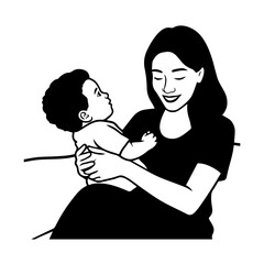 Black and White Vector Illustration of a Beautiful Mother Caring for Child in Minimalist Line Art Style