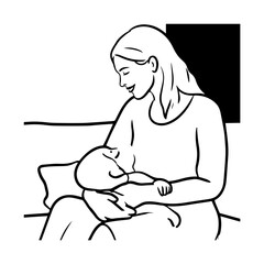 Black and White Vector Illustration of a Beautiful Mother Caring for Child in Minimalist Line Art Style