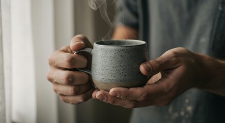 Close-up of hands holding a steaming speckled ceramic mug of hot beverage