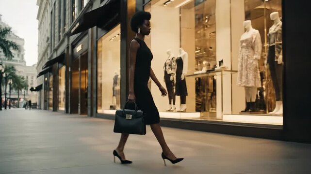 Woman holding designer handbag walking luxury avenue cinematic handheld fashion lifestyle stock video. female clutching chic purse strolling upscale street filmic portable vogue existence