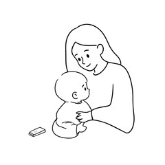 Black and White Vector Illustration of a Beautiful Mother Caring for Child in Minimalist Line Art Style