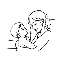 Black and White Vector Illustration of a Beautiful Mother Caring for Child in Minimalist Line Art Style