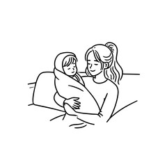 Black and White Vector Illustration of a Beautiful Mother Caring for Child in Minimalist Line Art Style