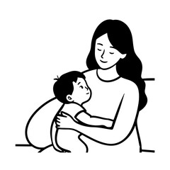 Black and White Vector Illustration of a Beautiful Mother Caring for Child in Minimalist Line Art Style