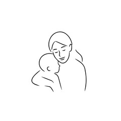 Black and White Vector Illustration of a Beautiful Mother Caring for Child in Minimalist Line Art Style