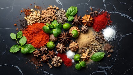 Assorted herbs and spices arranged on dark marble, showcasing vibrant colors and rich textures.