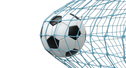 Soccer ball caught in net isolated on transparent background