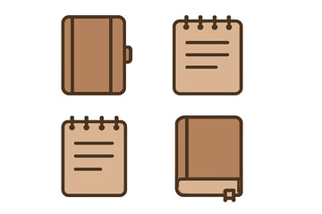 Notebook and journal color outline icon set. Minimalistic vector pictogram collection for web, graphic design, apps. Brown book, diary, and notepad symbols for notes.